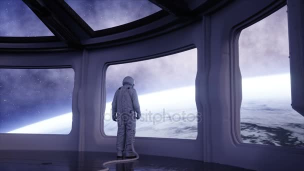 Allein Astronaut in futuristischem Raumschiff, Raum. Blick auf die Erde. Filmmaterial in 4k. — Stockvideo