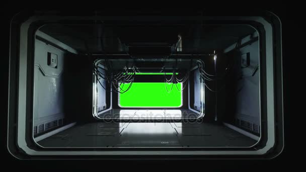 Futurystyczny miejsca korytarz, tunel. Widok z lotu. Materiał zielony ekran. Kinowe 4 k animacji. — Wideo stockowe