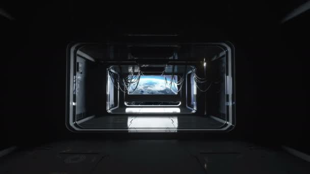 Futuristischer Weltraumkorridor, Tunnel. Blick auf die Erde. filmische 4k-Animation. — Stockvideo