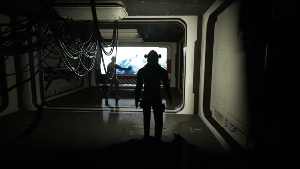 Astronauter i futuristiska utrymme korridor, rum. vy av jorden. Filmiska 4 k film. — Stockvideo