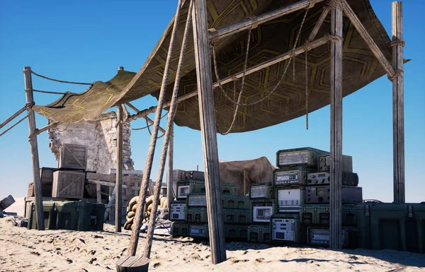 Military base, headquarters in east desert. Terrorism concept. 3d rendering. — Stock Photo, Image