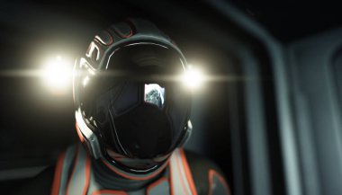 Yalnız astronot uzayda. Sci fi fütüristik koridor. görünümü. 3D render.