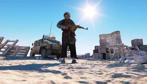 Man terrorist wearing a mask and holding a gun. East desert landscape. military headquarters, terrorist base. 3d rendering. — Stock Photo, Image