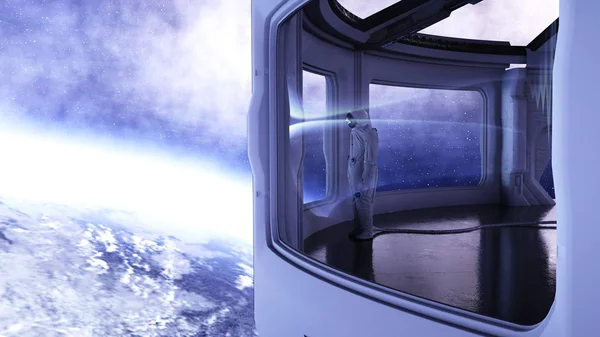 Alleen astronaut in futuristische interieur. Sci fi kamer weergave van de aarde. 3D-rendering. — Stockfoto