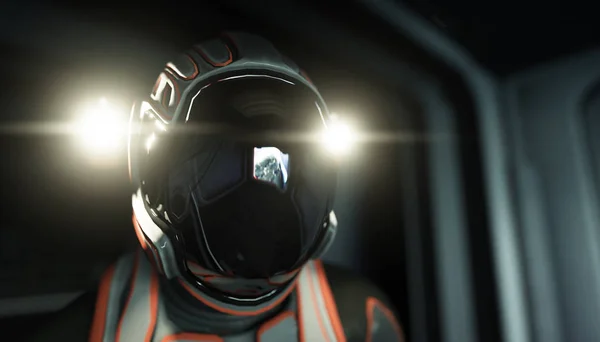 Solo astronauta nello spazio. Corridoio fantascientifico futuristico. vista della terra. rendering 3d . — Foto Stock