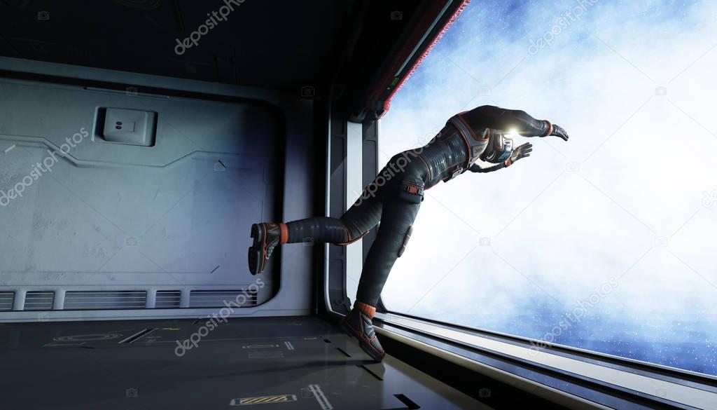 astronaut jump into space. view of the earth. 3d rendering.