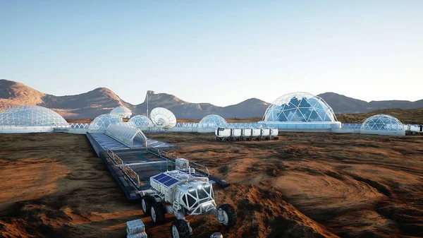Mars temel, koloni. Sefer yabancı gezegende. Havadan görünümü. Geo capsyles. Mars'ta yaşam. 3D render.