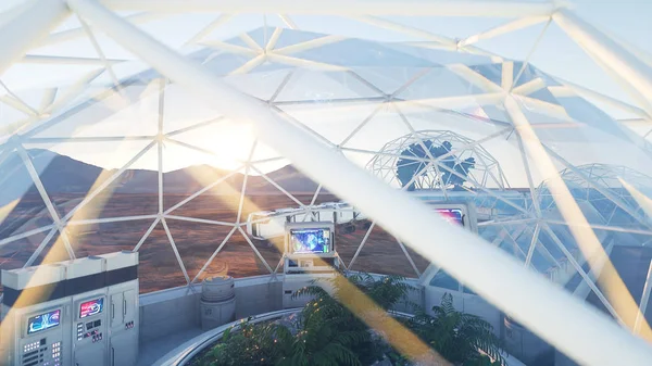 Laboratorio espacial. vida en Marte, planeta alienígena. Plantas en el espacio. renderizado 3d . —  Fotos de Stock