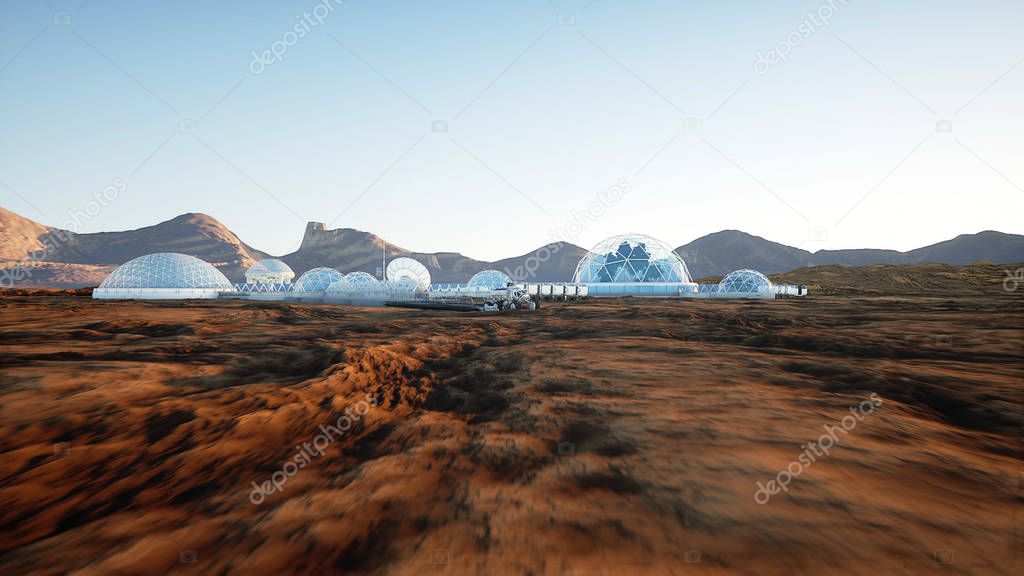 Mars base, colony. Expedition on alien planet. Aerial view. Geo capsyles. Life on Mars. 3d rendering.