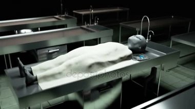 Masada Morgda ölü uzaylı. Fütüristik otopsi kavramı. Sinema 4 k görüntüleri.