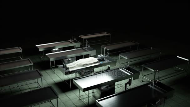 O extraterrestre morto na morgue em cima da mesa. Conceito de autópsia futurista. Filmagem cinematográfica 4k . — Vídeo de Stock