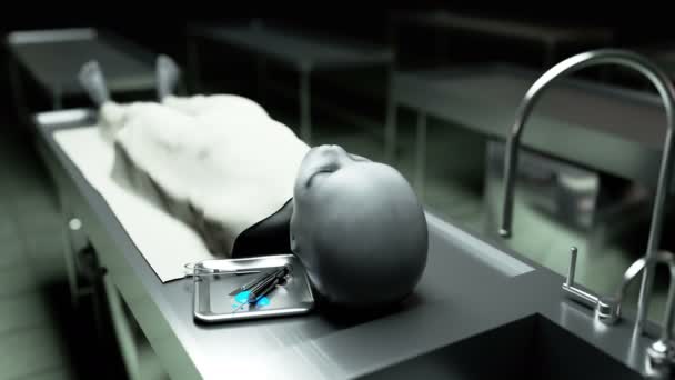 El extraterrestre muerto en la morgue sobre la mesa. Concepto de autopsia futurista. Imágenes cinematográficas de 4k . — Vídeo de stock