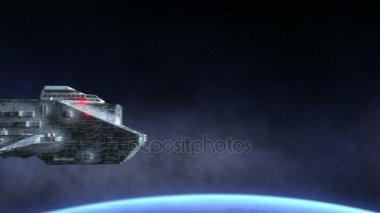 Fütüristik uzay gemisi uzayda. Dünya gezegen görünümü. Gerçekçi 4 k animasyon.