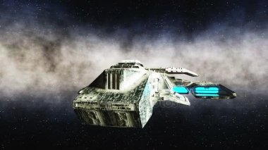Fütüristik uzay gemisi uzayda. Dünya gezegeni wonderfull görünümü. gerçekçi metal yüzey gemi, yer değiştirme ve normal harita.