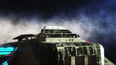 Fütüristik uzay gemisi uzayda. Dünya gezegeni wonderfull görünümü. gerçekçi metal yüzey gemi, yer değiştirme ve normal harita.