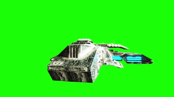 Futuristiska rymdskepp. realistiska metall yta fartyget, förskjutning och vanlig karta. Grön skärm footage. — Stockvideo