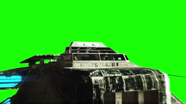 Futuristisches Raumschiff. realistische Metalloberfläche Schiff, Verdrängung und normale Karte. Green Screen Filmmaterial. — Stockvideo