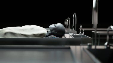 Masada Morgda ölü uzaylı. Fütüristik otopsi kavramı. 3D render.