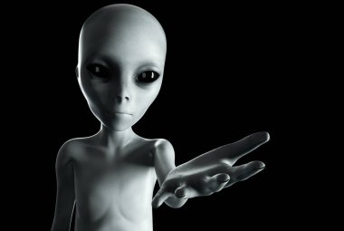 Yabancı el uzanarak. UFO fütüristik konsept. izole et. 3D render.