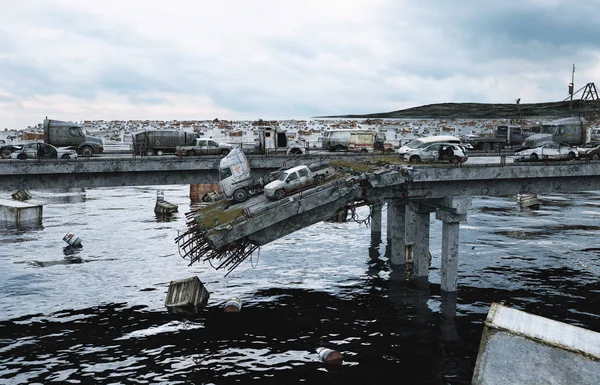 启示录的海景。桥梁被毁。世界末日的概念。3d 渲染. — 图库照片