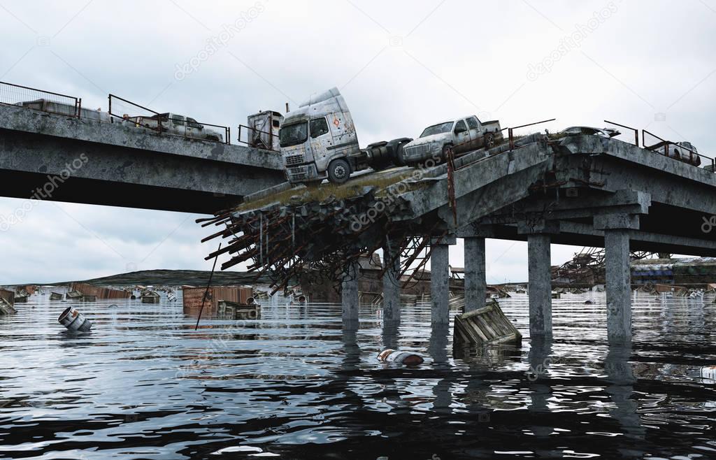 Apocalypse sea view. Destroyed bridge. Armageddon concept. 3d rendering.