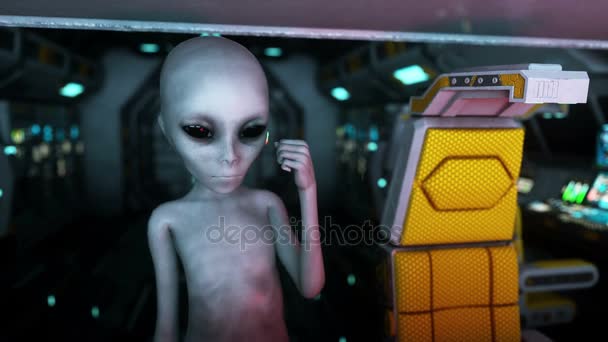 エイリアンの宇宙船で。手を差し伸べる地球惑星。Ufo 未来的なコンセプトです。4 k アニメーション映画. — ストック動画