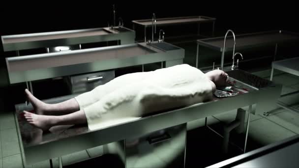 Cadaver, döda manliga kroppen i bårhuset på stål bord. Liket. Obduktionen koncept. — Stockvideo