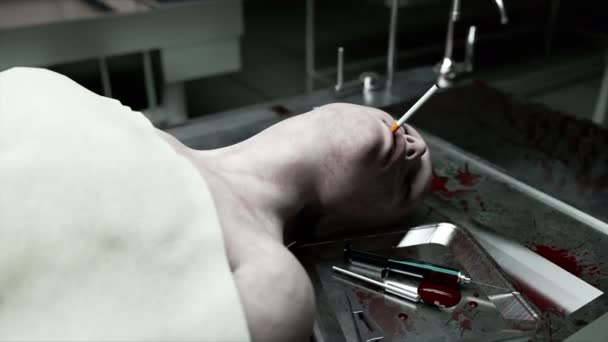 Roken is dodelijk. dood mannenlichaam in mortuarium op stalen tafel. Lijk. Autopsie concept. — Stockvideo