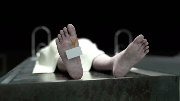 Cadaver, dood mannelijk lichaam in mortuarium op stalen tafel. Lijk. Autopsie concept. — Stockvideo