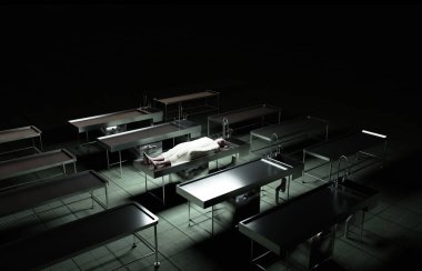 kadavra, ölü erkek cesedi morg çelik masada. Ceset. Otopsi kavramı. 3D render.