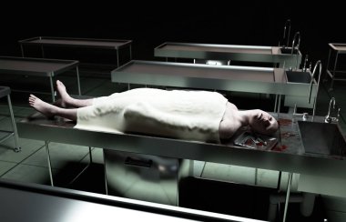 cadaver, dead male body in morgue on steel table. Corpse. Autopsy concept. 3d rendering. clipart