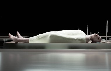 Smoking kills. dead male body in morgue on steel table. Corpse. Autopsy concept. 3d rendering. clipart