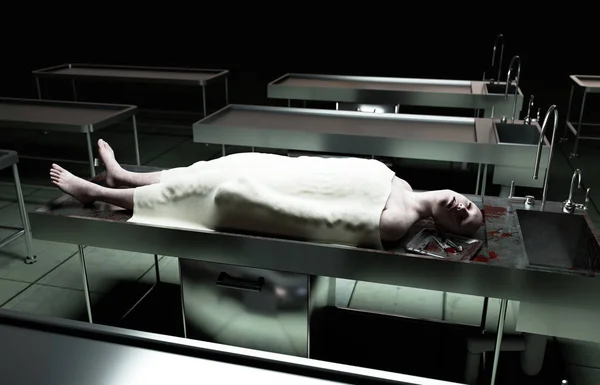 Cadavere, cadavere in obitorio su un tavolo d'acciaio. Un cadavere. Concetto di autopsia. rendering 3d . — Foto Stock