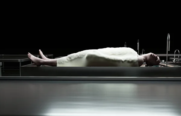 Cadaver, dood mannelijk lichaam in mortuarium op stalen tafel. Lijk. Autopsie concept. 3D-rendering. — Stockfoto