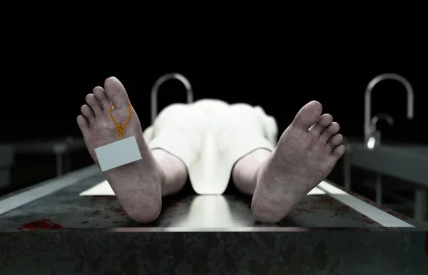 Cadáver, cadáver en la morgue sobre una mesa de acero. Cadáver. Concepto de autopsia. renderizado 3d . — Foto de Stock