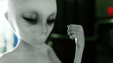 Fütüristik odasında uzaylı. el ile dünya gezegen uzanarak. UFO fütüristik konsept. Sinema 4 k animasyon.