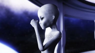 Fütüristik odasında uzaylı. el ile dünya gezegen uzanarak. UFO fütüristik konsept. Sinema 4 k animasyon.