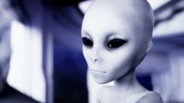 Alien en habitación futurista. mano extendiéndose con el planeta Tierra. Concepto futurista OVNI. Animación cinematográfica 4k . — Vídeo de stock