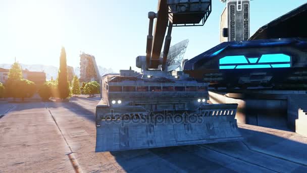 Sci fi gép, értesítés jármű egy futurisztikus városban város. A fogalom a jövő. Légifelvételek. Super reális 4k animáció. — Stock videók