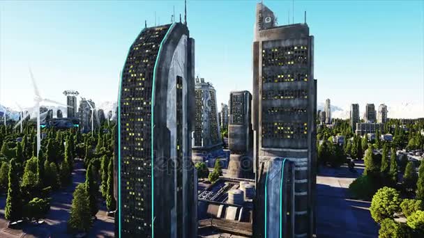 Framtidsstaden, stad. Arkitekturen i framtiden. Flygfoto. Super realistisk 4k animation. — Stockvideo