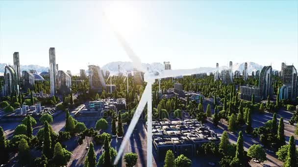 Větrná turbína. futuristické město, město. Koncepce do budoucnosti. Letecký pohled. Animace Super realistické 4k. — Stock video