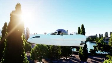 Kent üzerinde uçan futuristik araba şehir. Gelecek mimarisi. Havadan görünümü. Süper gerçekçi 4k animasyon.