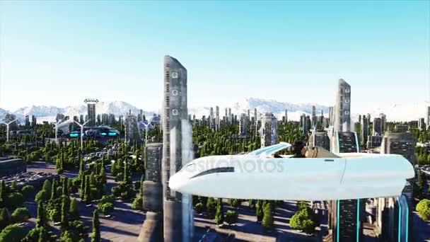 Un auto futurista sobrevolando la ciudad. Arquitectura del futuro. Vista aérea. Animación 4k súper realista . — Vídeo de stock