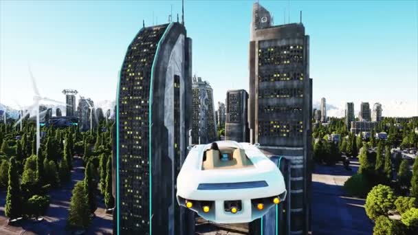 Futuristic car flying over the city, town. Architecture of the future. Aerial view. Super realistic 4k animation. — Stock Video