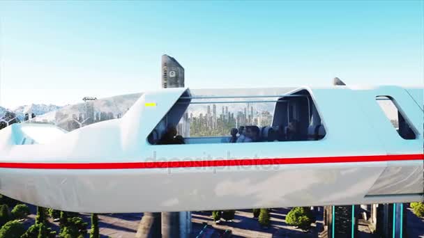 Futuristiska passagerare buss flyger över staden, staden. Arkitekturen i framtiden. Flygfoto. Super realistisk 4k animation. — Stockvideo