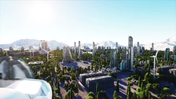 Ônibus de passageiros futurista sobrevoando a cidade, cidade. Arquitetura do futuro. Vista aérea. Animação 4k super realista . — Vídeo de Stock