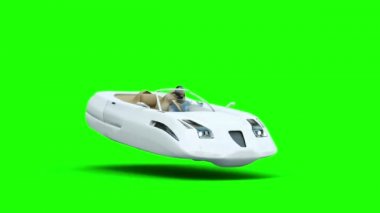 Kadınla fütüristik uçan araba. Geleceğin ulaşım. 4 k yeşil ekran görüntüleri.