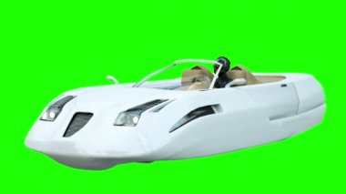 Kadınla fütüristik uçan araba. Geleceğin ulaşım. 4 k yeşil ekran görüntüleri.