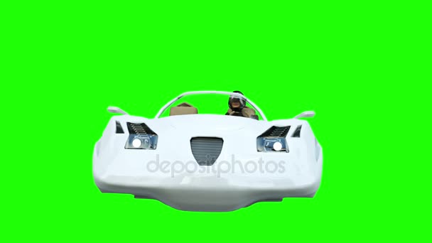 Φουτουριστικό ιπτάμενο αυτοκίνητο με γυναίκα. Μεταφορών του μέλλοντος. 4 k πλάνα πράσινη οθόνη. — Αρχείο Βίντεο