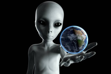 Yabancı el ile dünya gezegen uzanarak. UFO fütüristik konsept. 3D render.